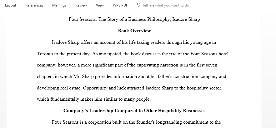 Write a reflection based on the book called  Four Seasons The Story of a Business Philosophy Isidore Sharp