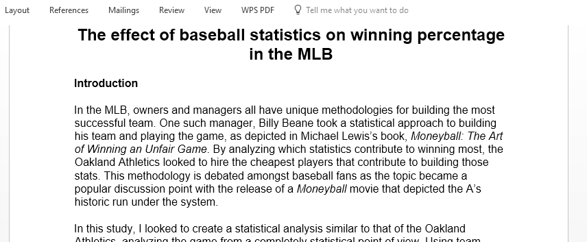 The effect of baseball statistics on winning percentage in the MLB