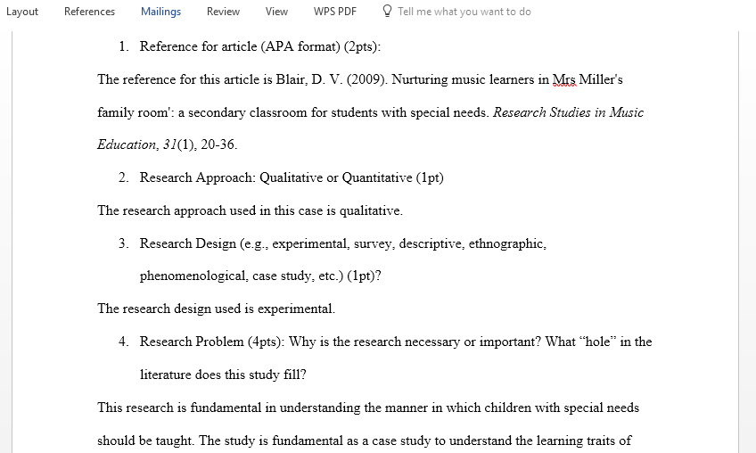 Answer the following questions using the article Nurturing music learners in Mrs Miller family room a secondary classroom for students with special needs by Deborah Blair