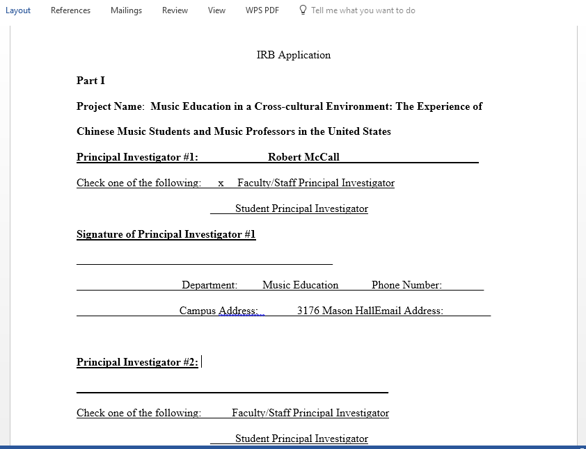 The Experience of Chinese Music Students and Music Professors in the United States IRB Proposal Application