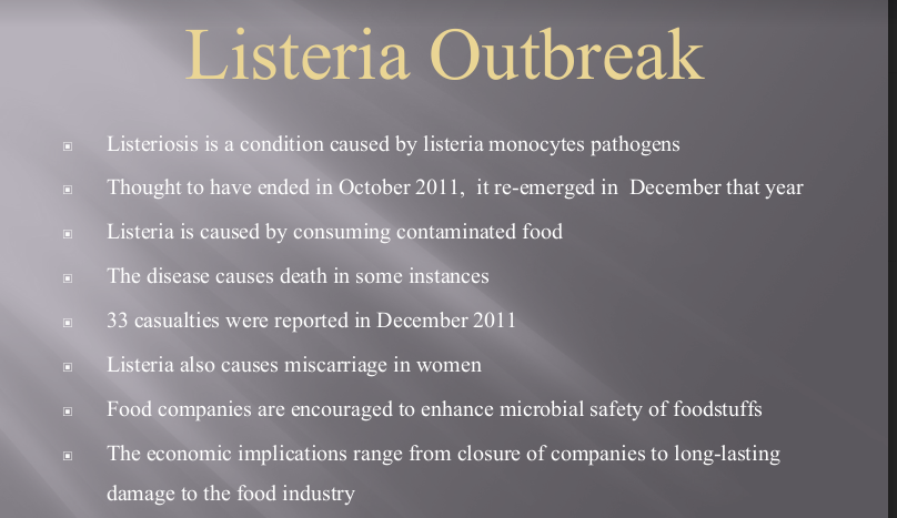 A power point slide presentation on the Listeria Outbreak on Cantaloupe