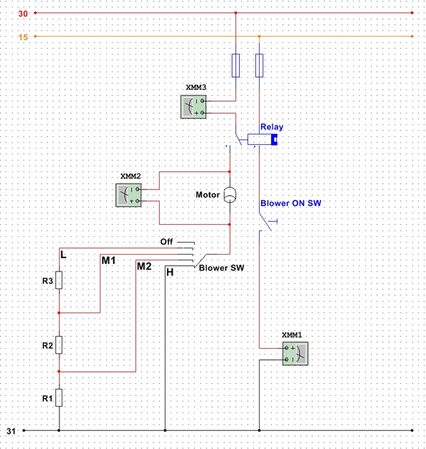 Study the wiring diagram below and demonstrate knowledge to the lecturer of current flow and voltage drops of low speed medium 1 medium 2 and high speed positions