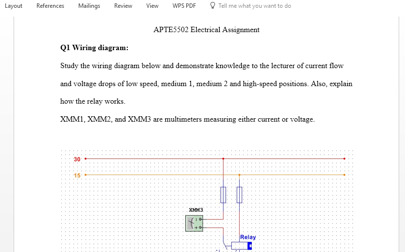 Study the wiring diagram below and demonstrate knowledge to the lecturer of current flow and voltage drops of low speed medium 1 medium 2 and high speed positions