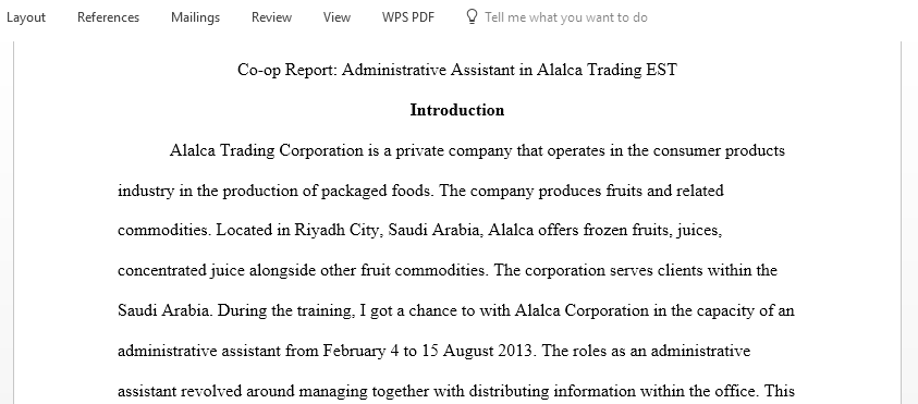 Write a co-op report as a Administrative assistance employer  in ALALCA TRADING