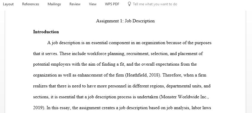 Create a detailed job description for your job a former job or a job you would like to move into