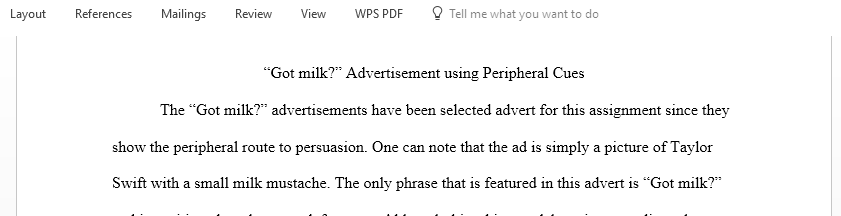 Using an advertisement write a paper that utilizes peripheral cues to persuade the consumer