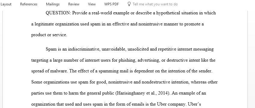 Provide a real world example or describe a hypothetical situation in which a legitimate organization used spam in an effective and nonintrusive manner to promote a product or service