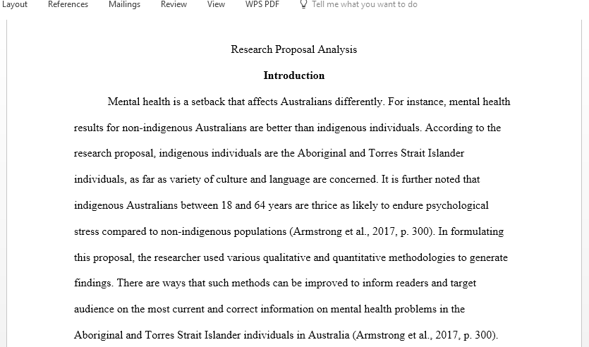 This assignment gives students an opportunity to critically analyse a research proposal investigating indigenous mental health strategies