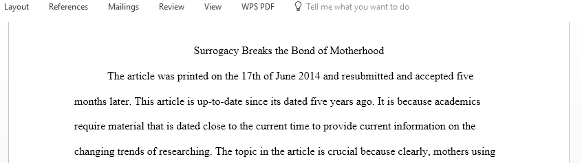 Review and discuss the article Surrogacy breaks the bond of motherhood