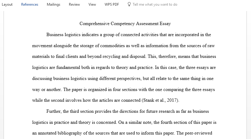 Business logistics theory and practice Comprehensive Competency Assessment Essay