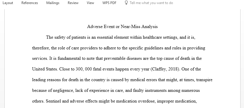 Write a comprehensive analysis of an adverse event or near miss from your nursing experience