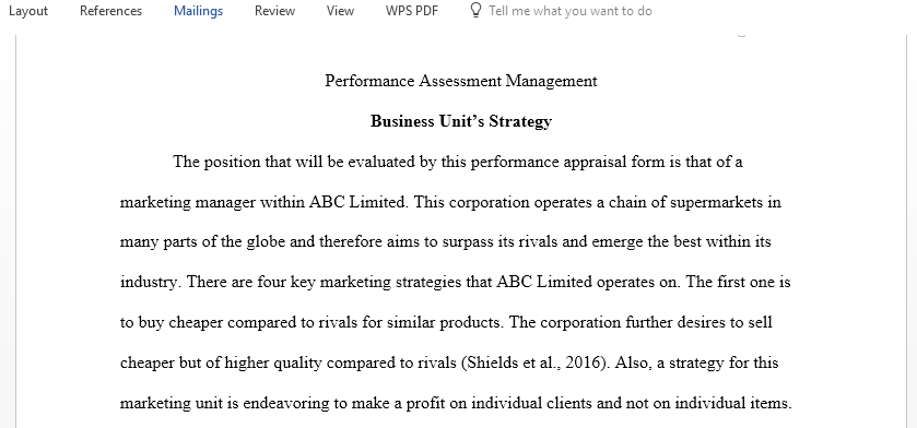 Develop a performance appraisal form for a job in an organizational unit of your choice