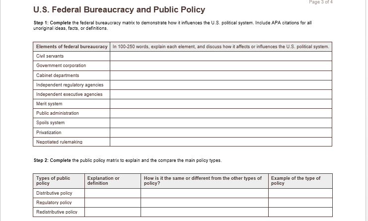 Complete the US Federal Bureaucracy and Public Policy worksheet