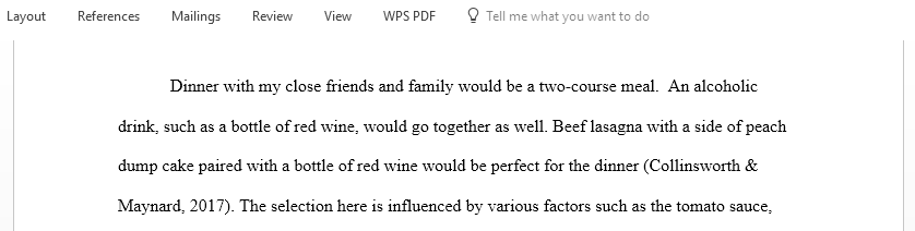 Develop a dinner menu for your close friends and family and select an appropriate alcoholic beverage to pair with your meal