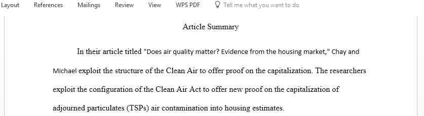 Briefly address what the authors were asking and what the authors found in the article Does Air Quality Matter Evidence from the Housing Market