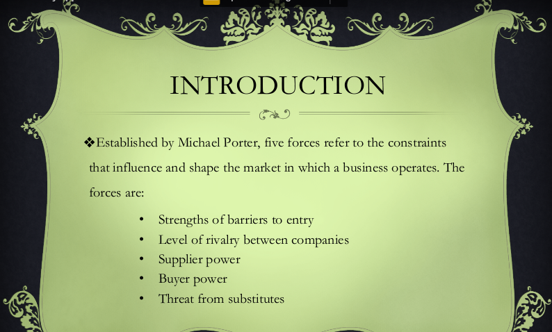 make a presentation about the industry in which the company operates using porters 5 forces model