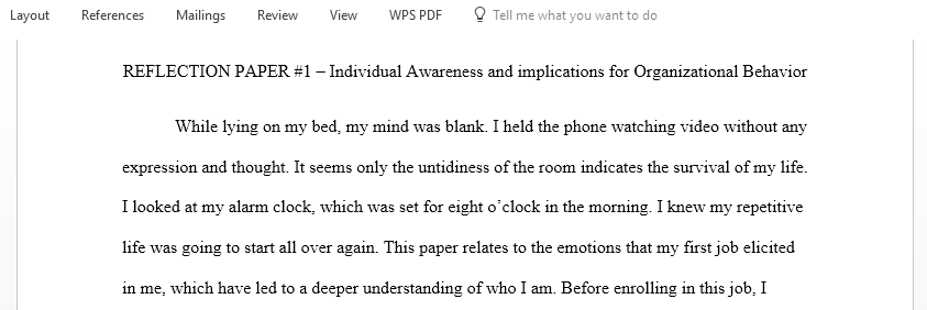 Write a Reflection paper on Individual Awareness and implications for Organizational Behavior