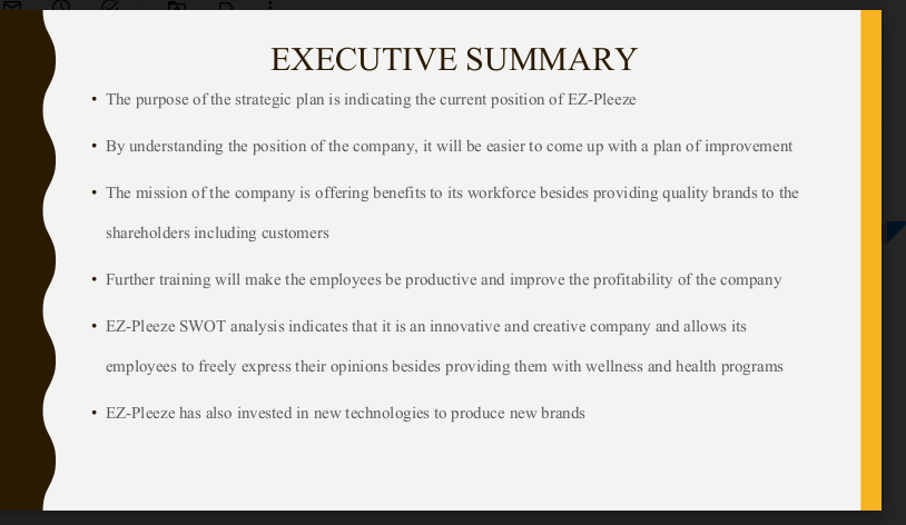 Create a Business Strategy slide presentation with speaker notes for the senior executives at EZ-Pleeze