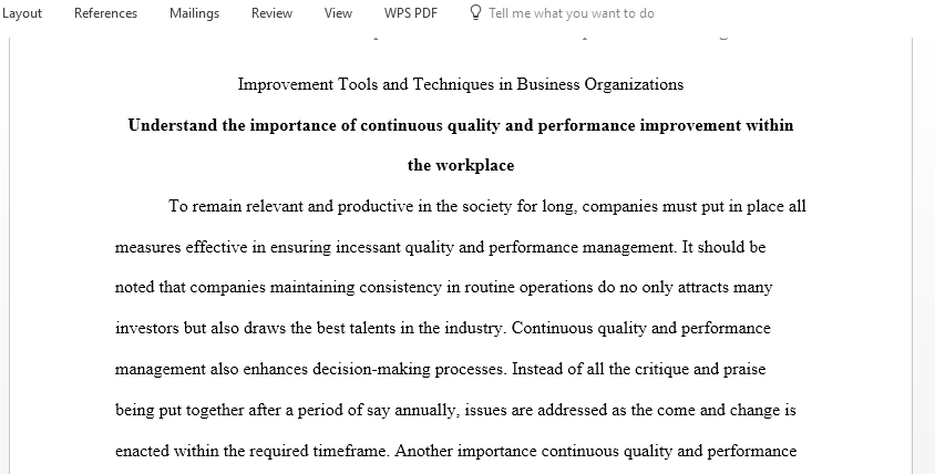 Write a short report for your line manager outlining the benefits and importance of implementing continual quality and performance improvements