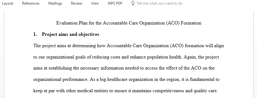 Evaluation Plan for Accountable Care Organization Formation