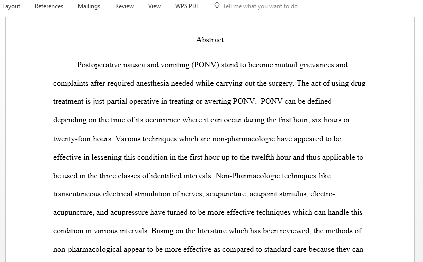 Write an essay on  non pharmacological therapy to Alleviating Postoperative Nausea and Vomiting