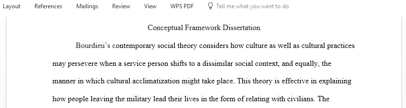 Conceptual framework of a dissertation on how veterans are experiencing their transition from soldier to civilian when they they leave the military