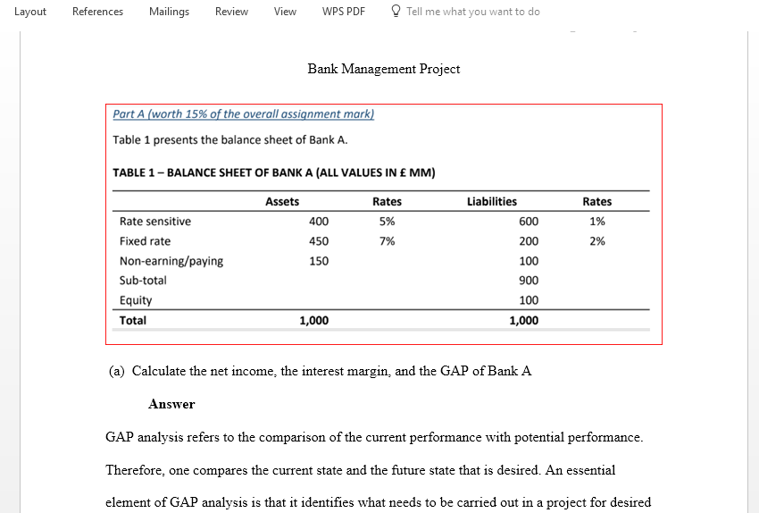 Calculate the net interest income net interest margin and GAP of Bank A