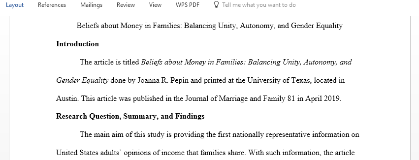Summarize and critique the article Beliefs About Money in Families
