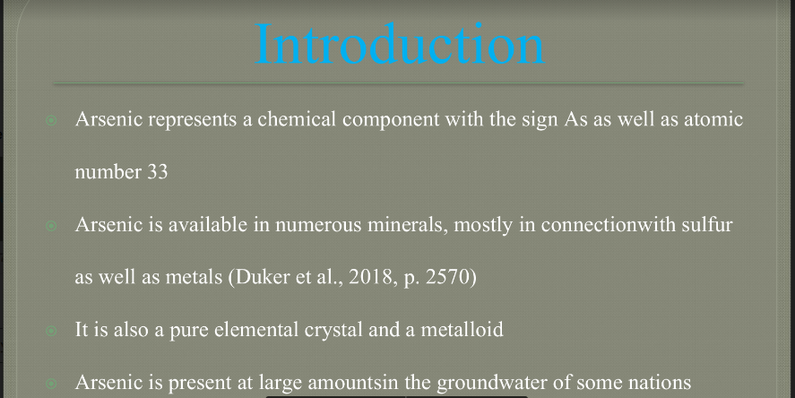 Develop a PowerPoint presentation on the environmental toxicology of Arsenic element