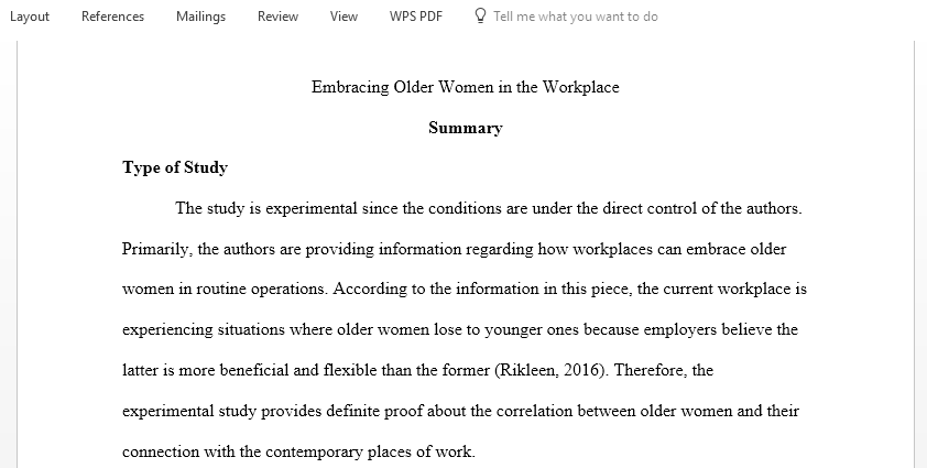 Read the article Embracing Older Women in the Workplace and summarize what the authors did and what they found