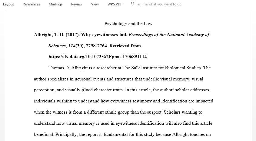 Create an annotated bibliography regarding research on the topic Eyewitness identification becomes less accurate when the witness is of a different race or ethnicity than the suspect