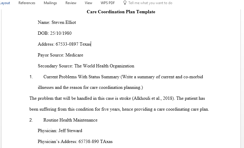 Develop a preliminary care coordination plan for a hypothetical individual in your community