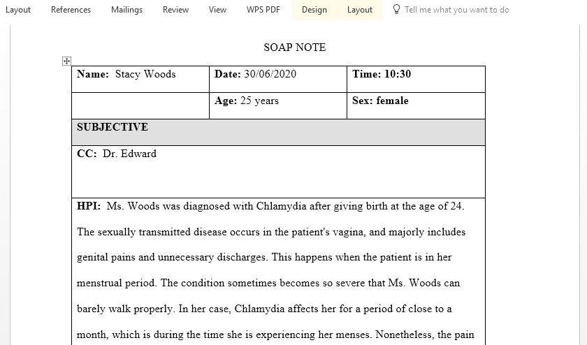 Soap note for a young female complaining of vaginal problems and diagnosed with a STI