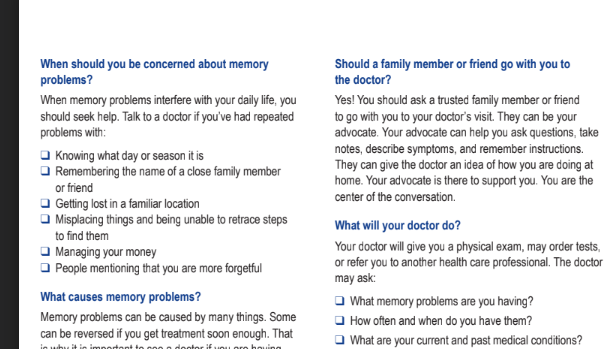 Discuss memory problems and dementia