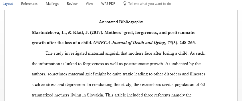 Write an annotated bibliography of two articles related to grief