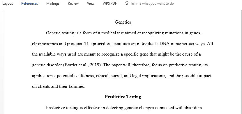 Select a type of genetic testing and present its application ethical legal and social implications
