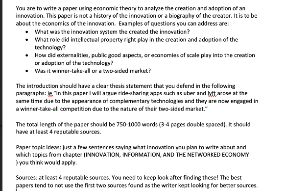 Write a paper using economics theory to analyze the creation and adoption of an innovation