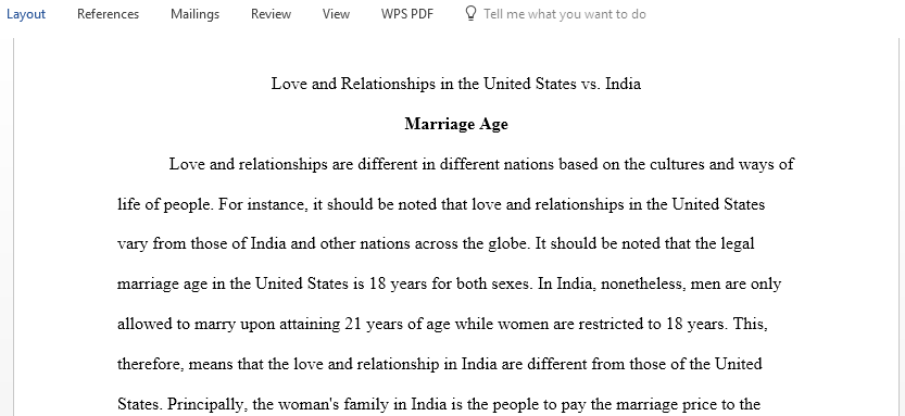 Compare and contrast core aspects of love and relationships in the US and one other country