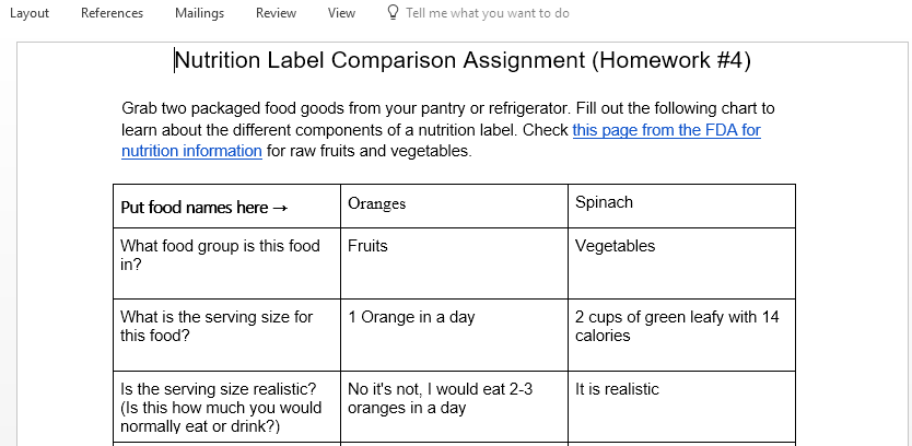 Complete the Nutrition Label Comparison Assignment