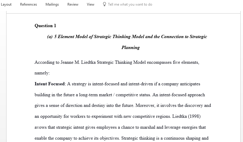 Explain five element strategic thinking model and the connection to strategic planning