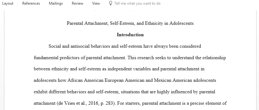 Discuss Parental Attachment Self-Esteem and Ethnicity in Adolescents