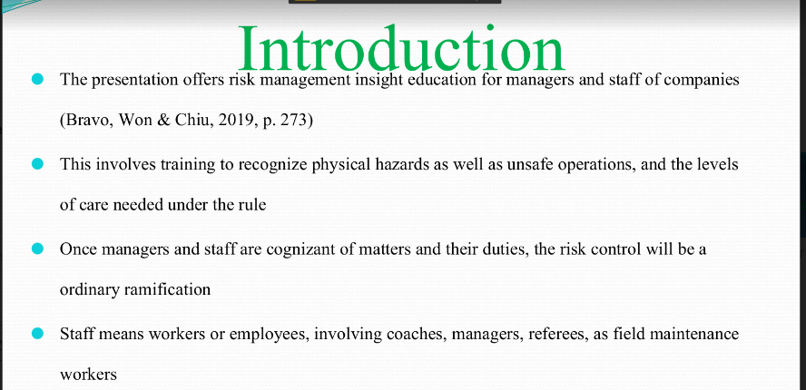 Create a PowerPoint presentation that combines the process of risk management to the Application focus of your Legal Issues Paper