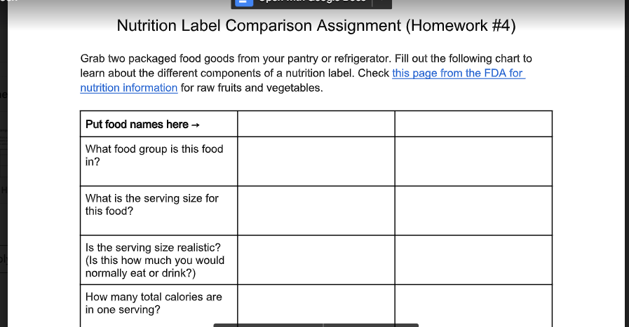 Complete the Nutrition Label Comparison Assignment