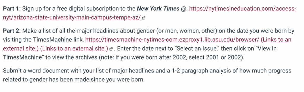 Make a list of all major headlines about gender on the date you were born