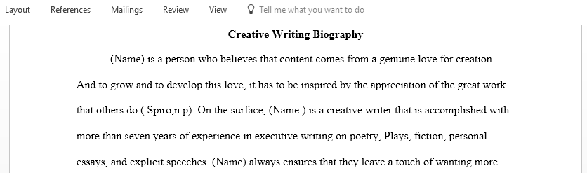 Write a biography about me explaining what my creative writing talents are and what my outside interests are