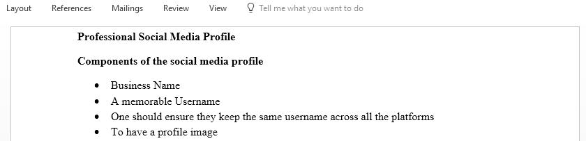Write an outline on what to include in a professional social media profile and how to use it for career networking