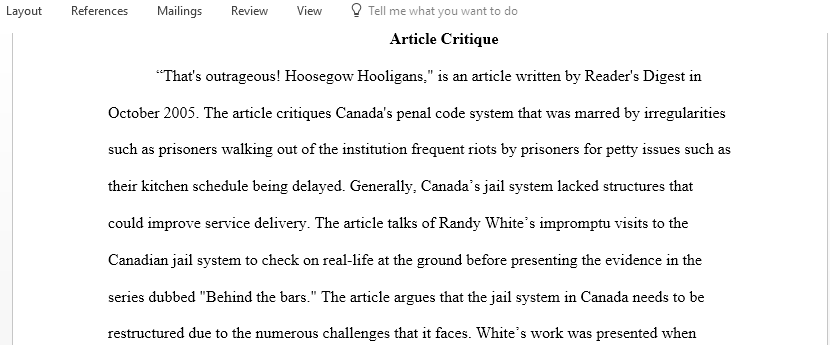 Critique an article from the Readers Digest written in 2005 that offers an account of Canada penal system at the time