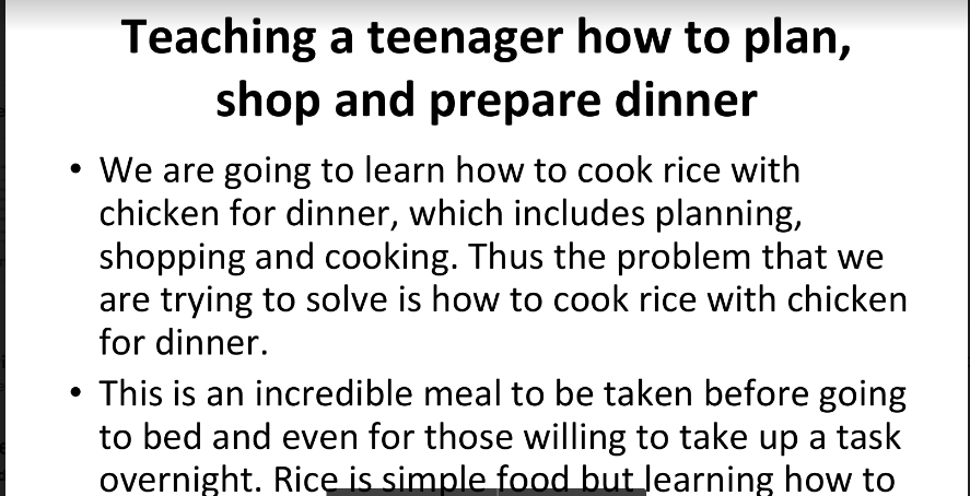 Teaching a teenager how to prepare dinner