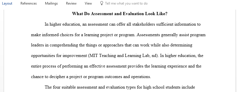 Types of assessment and evaluation practices within higher education