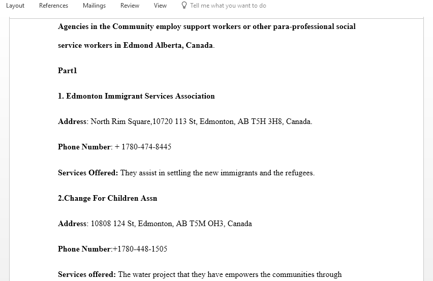 Create a word document that lists 20 agencies in the community that employs support workers or other para-professional social service workers